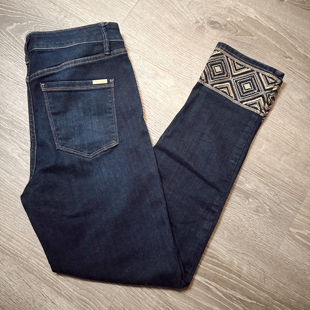 White House Black Market Blue Ankle Cropped Jeans with Geometric Design